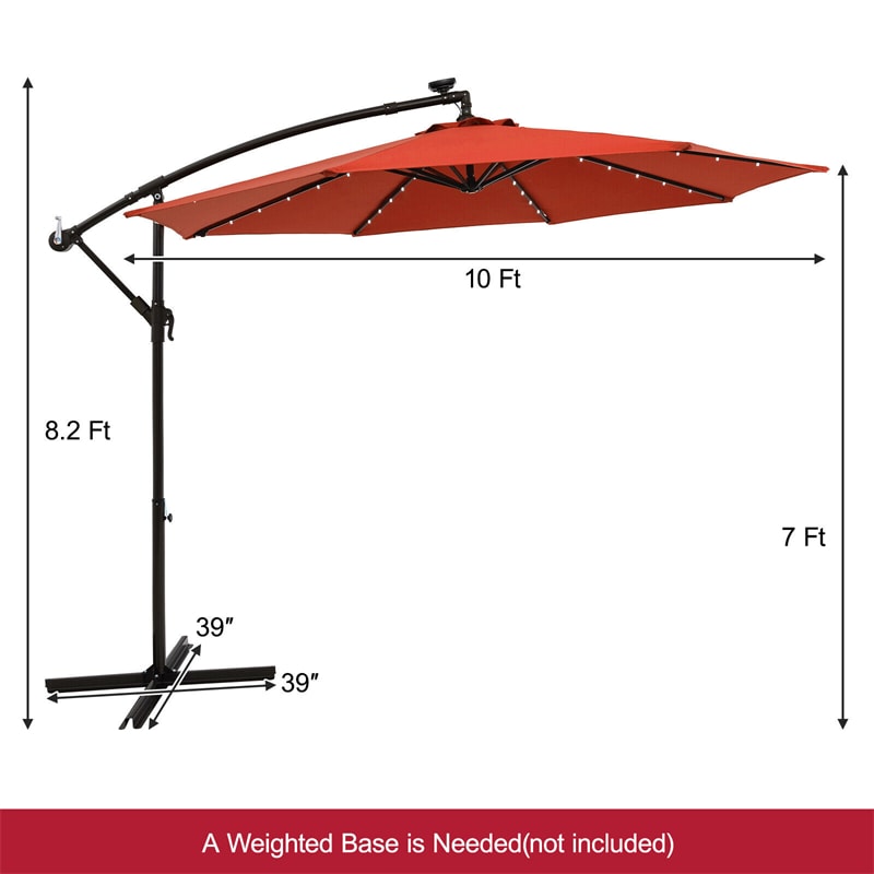 10FT Hanging Solar LED Umbrella Offset Patio Umbrella Outdoor Cantilever Umbrella Steel Market Umbrella with 40 Lights, Crank & Cross Base