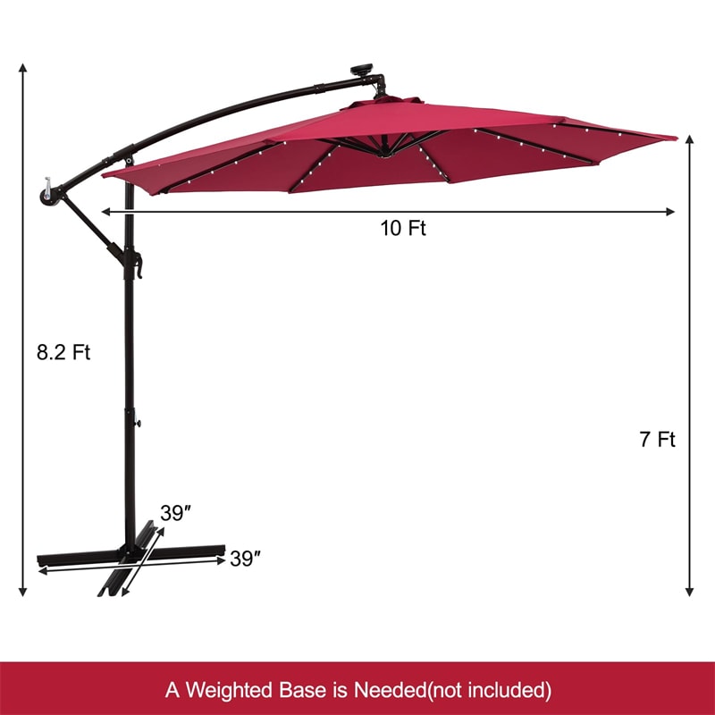 10FT Hanging Solar LED Umbrella Offset Patio Umbrella Outdoor Cantilever Umbrella Steel Market Umbrella with 40 Lights, Crank & Cross Base