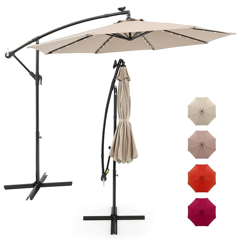 10FT Hanging Solar LED Umbrella Offset Patio Umbrella Outdoor Cantilever Umbrella Steel Market Umbrella with 40 Lights, Crank & Cross Base