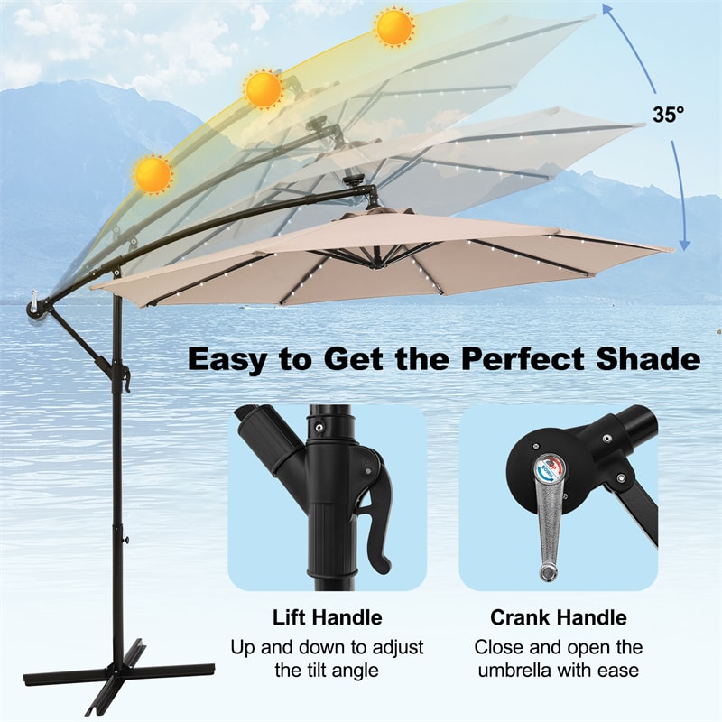 10FT Hanging Solar LED Umbrella Offset Patio Umbrella Outdoor Cantilever Umbrella Steel Market Umbrella with 40 Lights, Crank & Cross Base