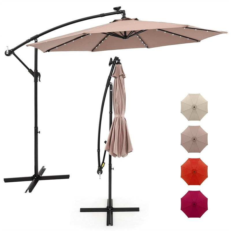 10FT Hanging Solar LED Umbrella Offset Patio Umbrella Outdoor Cantilever Umbrella Steel Market Umbrella with 40 Lights, Crank & Cross Base