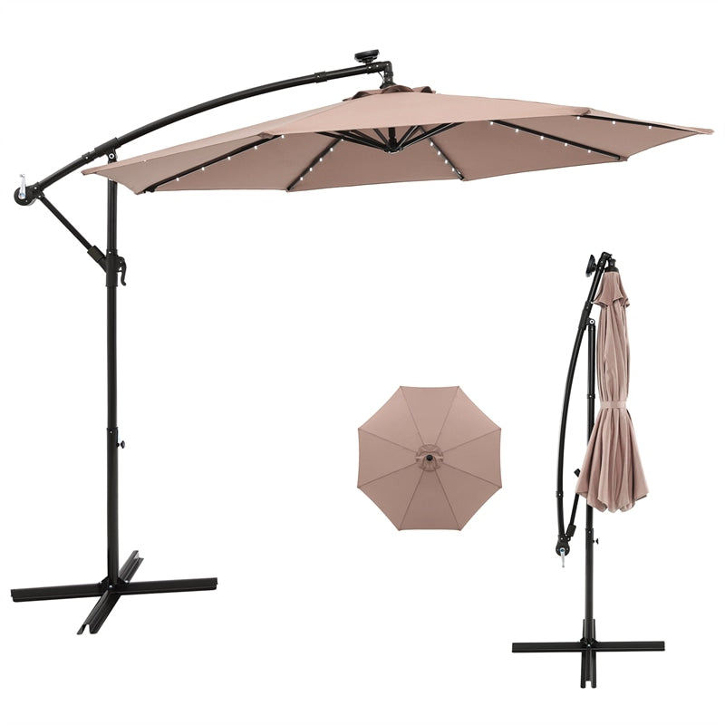 10FT Hanging Solar LED Umbrella Offset Patio Umbrella Outdoor Cantilever Umbrella Steel Market Umbrella with 40 Lights, Crank & Cross Base