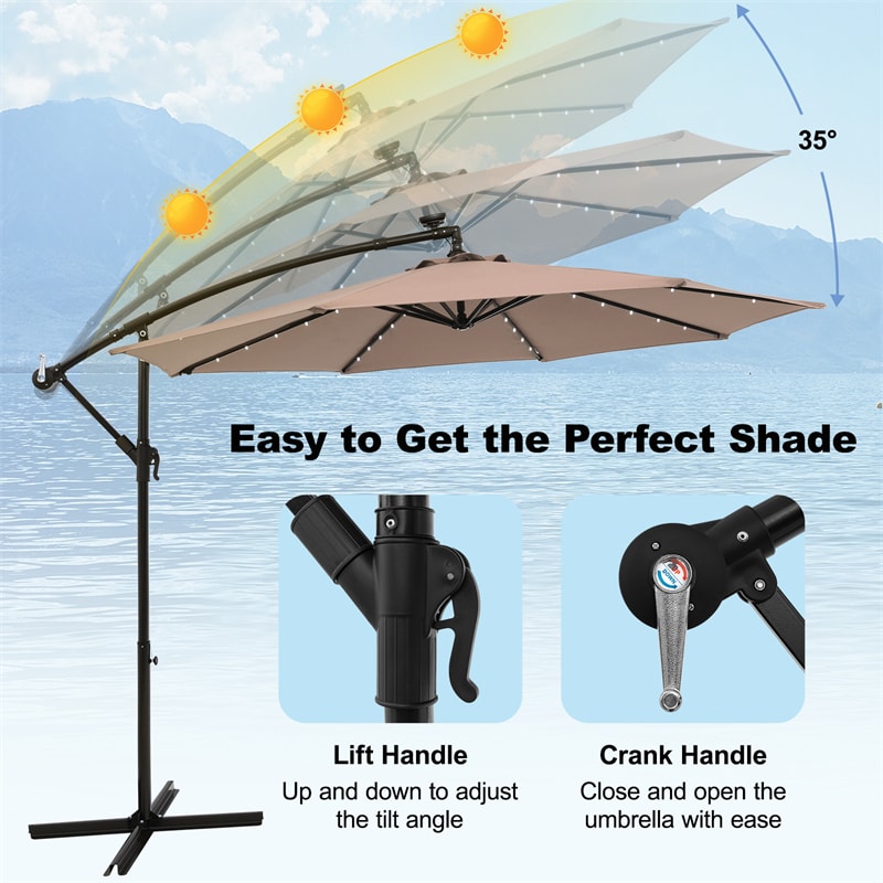 10FT Hanging Solar LED Umbrella Offset Patio Umbrella Outdoor Cantilever Umbrella Steel Market Umbrella with 40 Lights, Crank & Cross Base