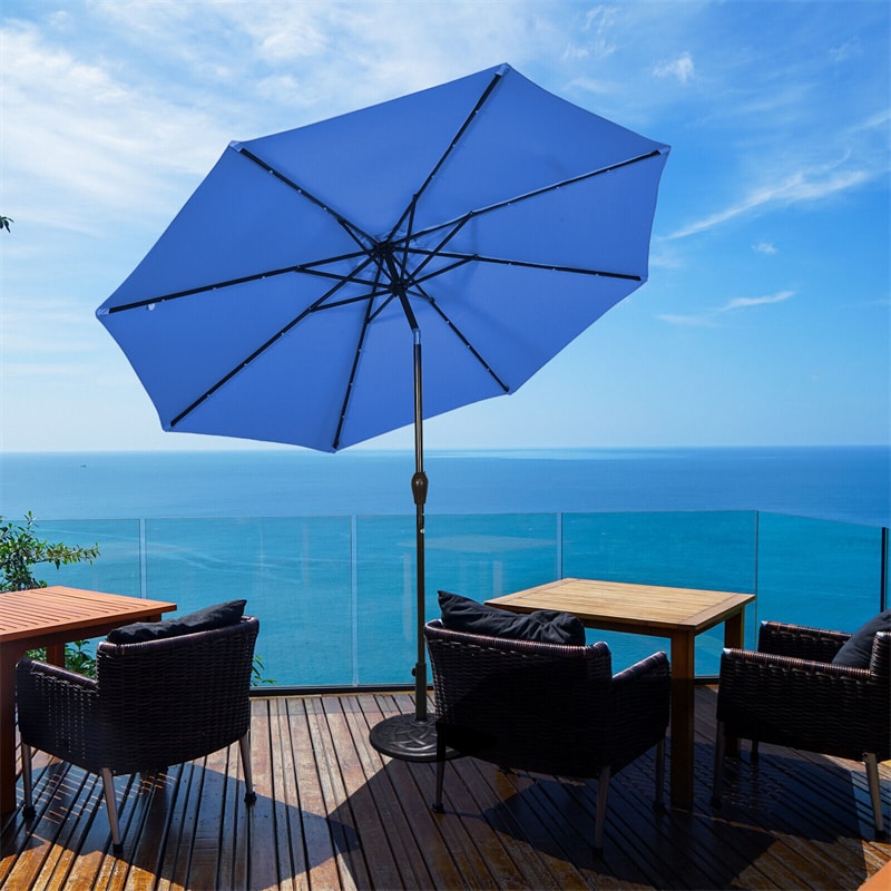 10' Solar LED Lighted Patio Umbrella Steel Tilting Market Umbrella Outdoor Table Umbrella with Tilt Adjustment Crank