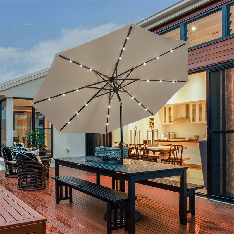 10' Solar LED Lighted Patio Umbrella Steel Tilting Market Umbrella Outdoor Table Umbrella with Tilt Adjustment Crank