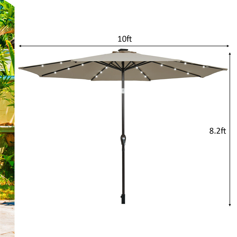 10' Solar LED Lighted Patio Umbrella Steel Tilting Market Umbrella Outdoor Table Umbrella with Tilt Adjustment Crank