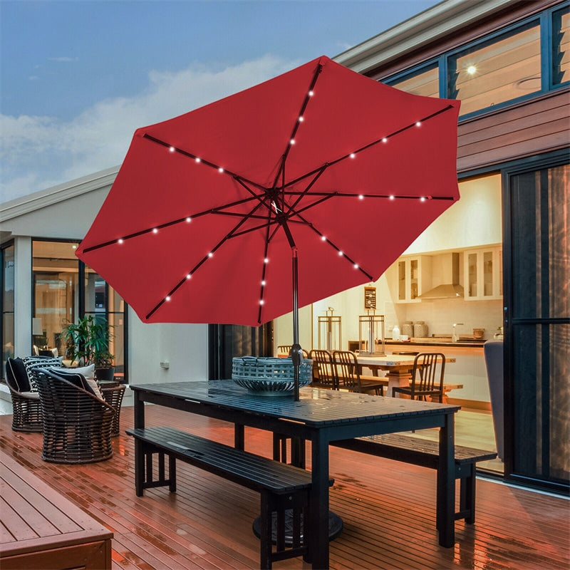 10' Solar LED Lighted Patio Umbrella Steel Tilting Market Umbrella Outdoor Table Umbrella with Tilt Adjustment Crank