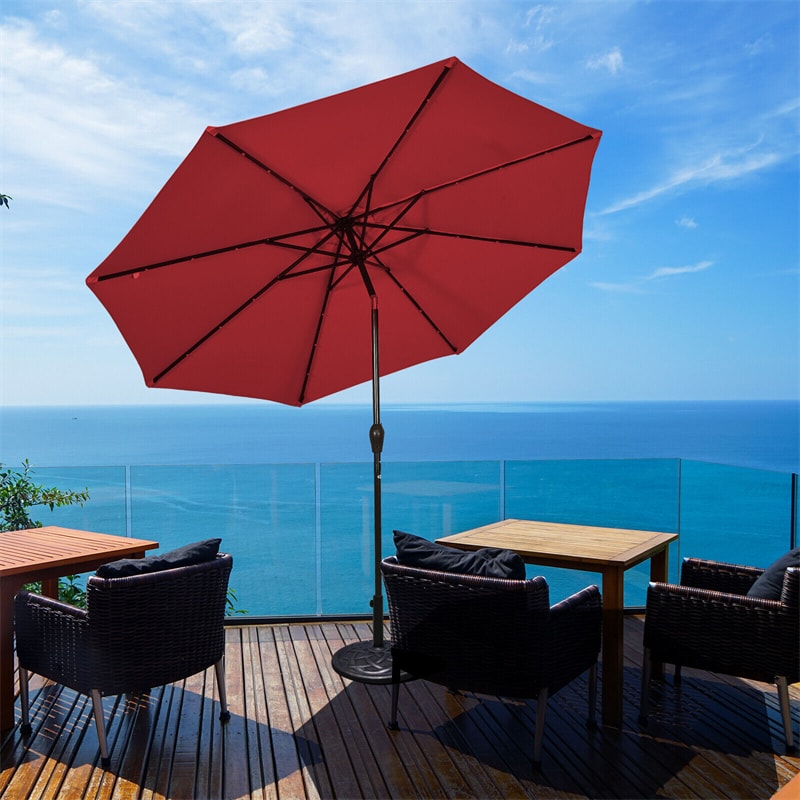 10' Solar LED Lighted Patio Umbrella Steel Tilting Market Umbrella Outdoor Table Umbrella with Tilt Adjustment Crank