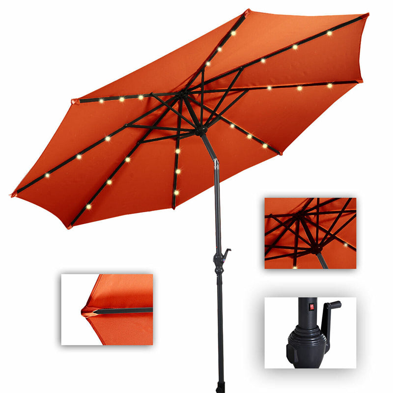 10' Solar LED Lighted Patio Umbrella Steel Tilting Market Umbrella Outdoor Table Umbrella with Tilt Adjustment Crank