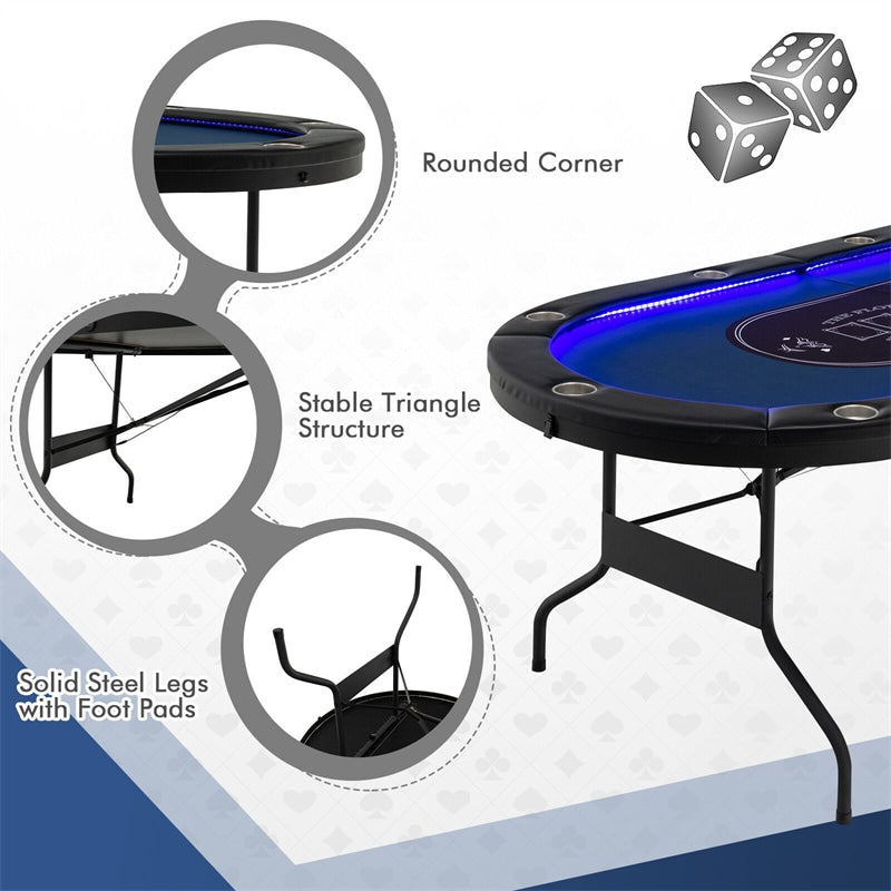 10-Player Poker Table Foldable Casino Leisure Table Card Game Table Texas Holdem Table with LED Lights, Cup Holder & 4 USB Ports