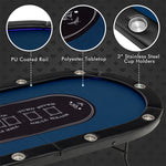 10-Player Poker Table Foldable Casino Leisure Table Card Game Table Texas Holdem Table with LED Lights, Cup Holder & 4 USB Ports