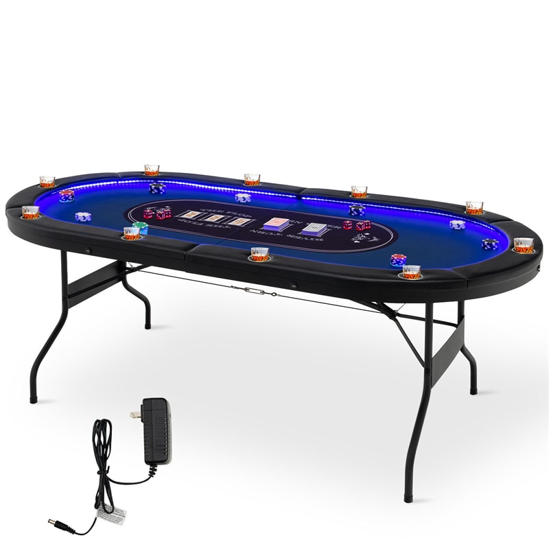 10-Player Poker Table Foldable Casino Leisure Table Card Game Table Texas Holdem Table with LED Lights, Cup Holder & 4 USB Ports