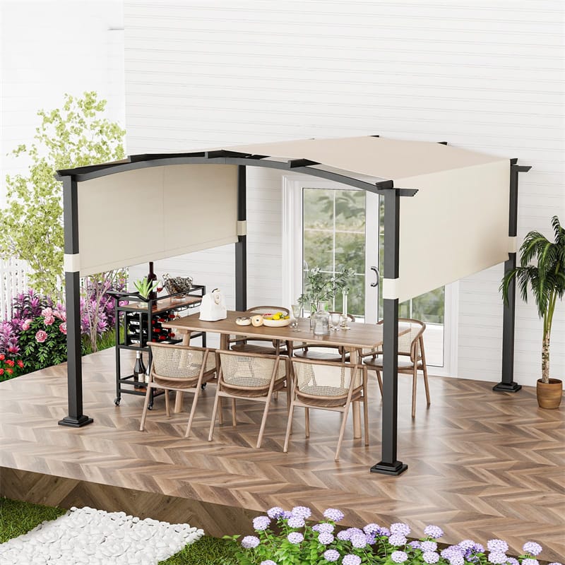 10' x 10' Outdoor Pergola with Retractable Sun Shade Canopy, Metal Frame Patio Pergola Extra Large Shelter Pavilion w/ Anchored Plates