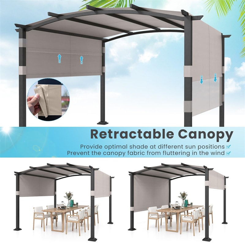 10' x 10' Outdoor Pergola with Retractable Sun Shade Canopy, Metal Frame Patio Pergola Extra Large Shelter Pavilion w/ Anchored Plates