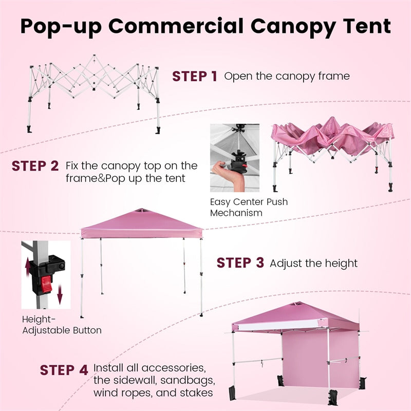 10' x 10' Commercial Pop Up Canopy Tent Folding Instant Market Tent Outdoor Event Tent with Sidewalls, 2 Hanging Bars & Banner Strip