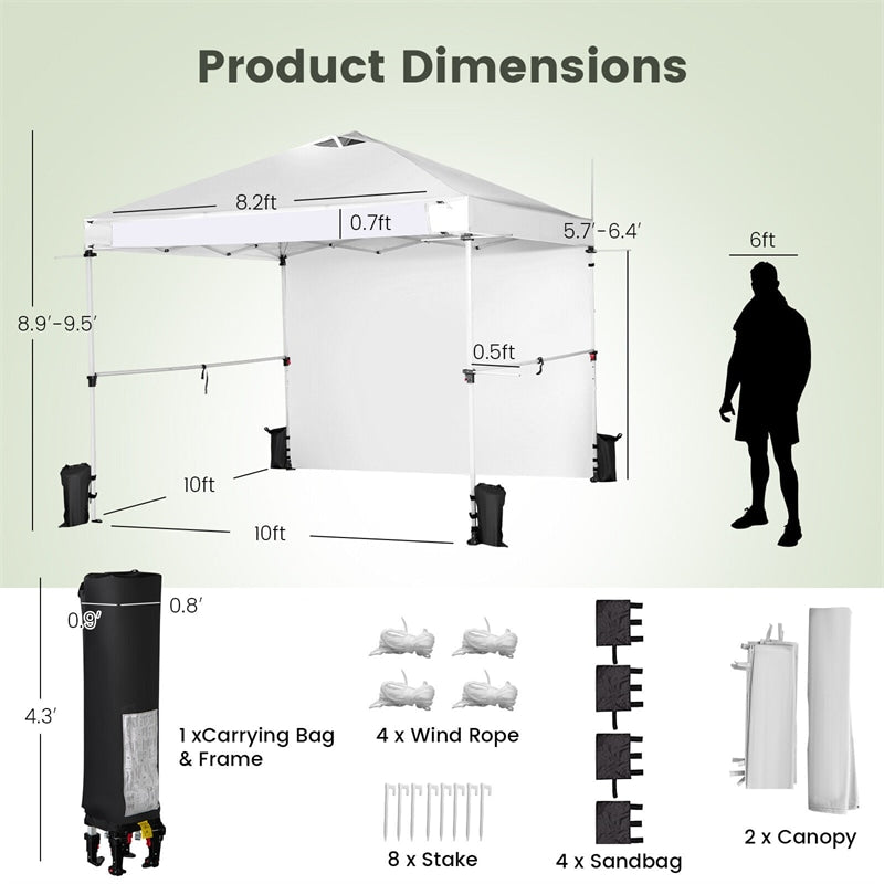 10' x 10' Commercial Pop Up Canopy Tent Folding Instant Market Tent Outdoor Event Tent with Sidewalls, 2 Hanging Bars & Banner Strip