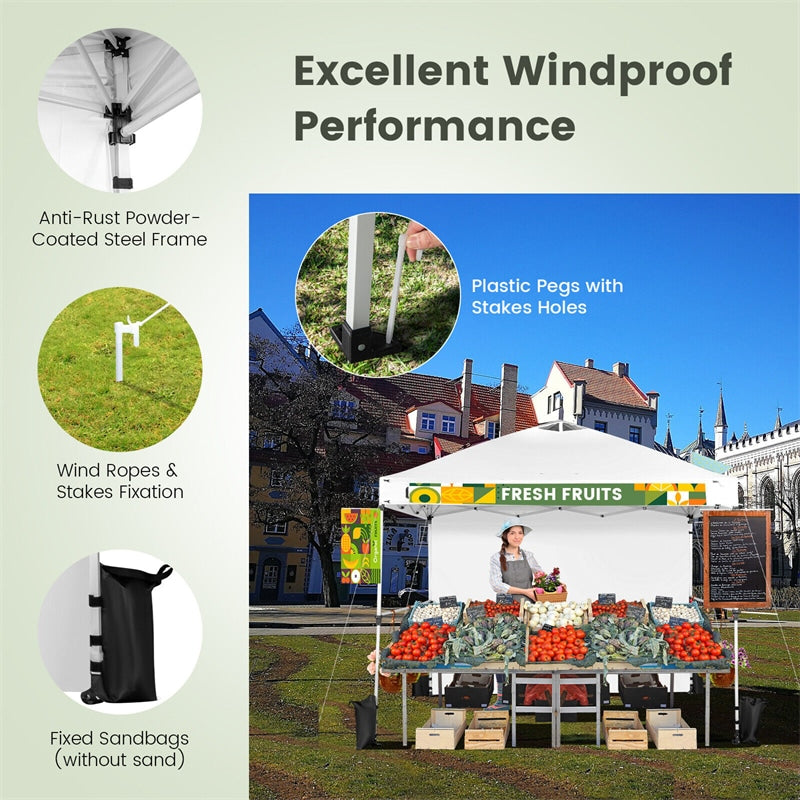 10' x 10' Commercial Pop Up Canopy Tent Folding Instant Market Tent Outdoor Event Tent with Sidewalls, 2 Hanging Bars & Banner Strip