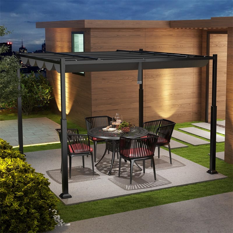 10' x 10' Outdoor Pergola with Retractable Canopy, Heavy-Duty Metal Columns Modern Sunshade Pavilion Grill Gazebo Patio Garden Yard Pergola Shelter