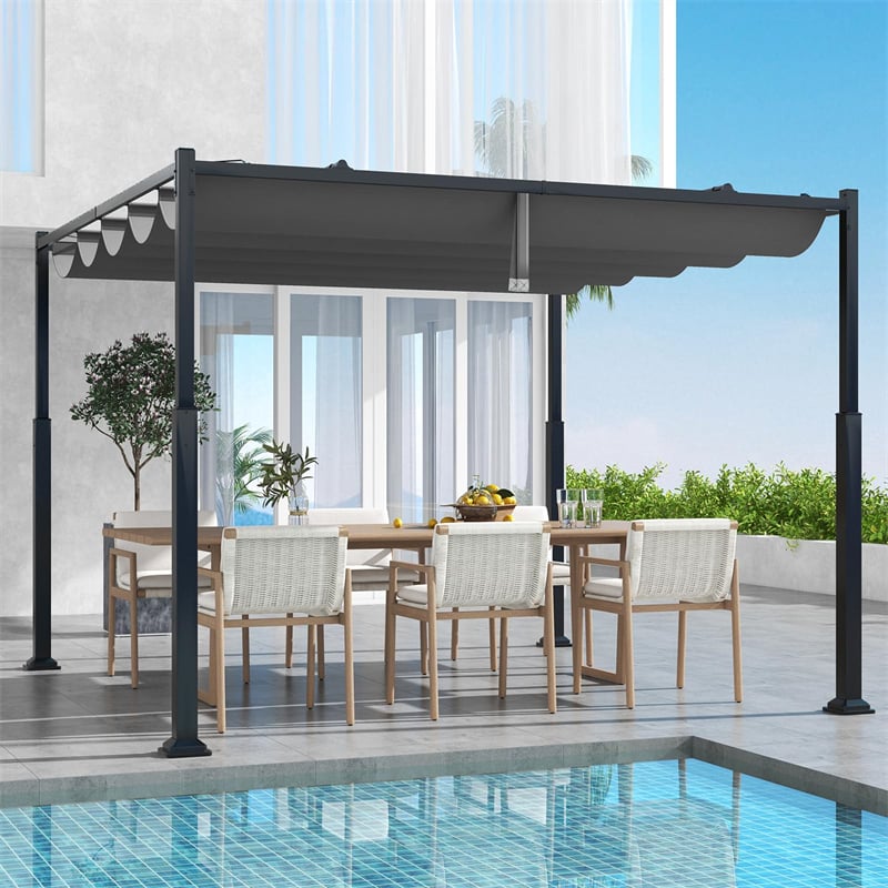 10' x 10' Outdoor Pergola with Retractable Canopy, Heavy-Duty Metal Columns Modern Sunshade Pavilion Grill Gazebo Patio Garden Yard Pergola Shelter