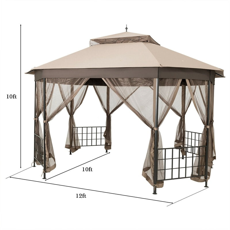 10’ x 12’ Patio Gazebo Canopy Heavy Duty Octagon Outdoor Gazebo with Netting Sidewalls & 2-Tier Ventilated Roof