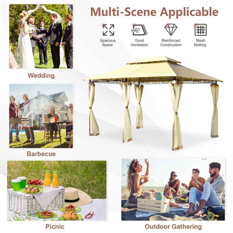 10' x 13' Steel Frame Gazebo 2-Tier Patio Gazebo Canopy Tent Shelter with Removable Netting & 130 Sq.Ft Shade for Outdoor Garden Yard