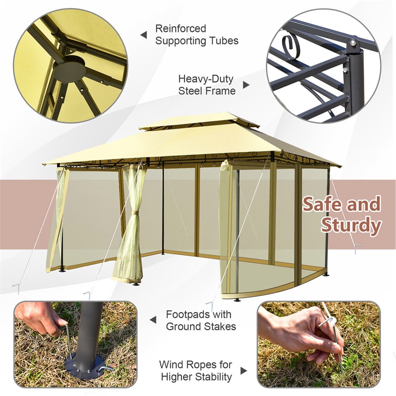 10' x 13' Steel Frame Gazebo 2-Tier Patio Gazebo Canopy Tent Shelter with Removable Netting & 130 Sq.Ft Shade for Outdoor Garden Yard