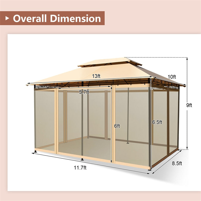 10' x 13' Steel Frame Gazebo 2-Tier Patio Gazebo Canopy Tent Shelter with Removable Netting & 130 Sq.Ft Shade for Outdoor Garden Yard