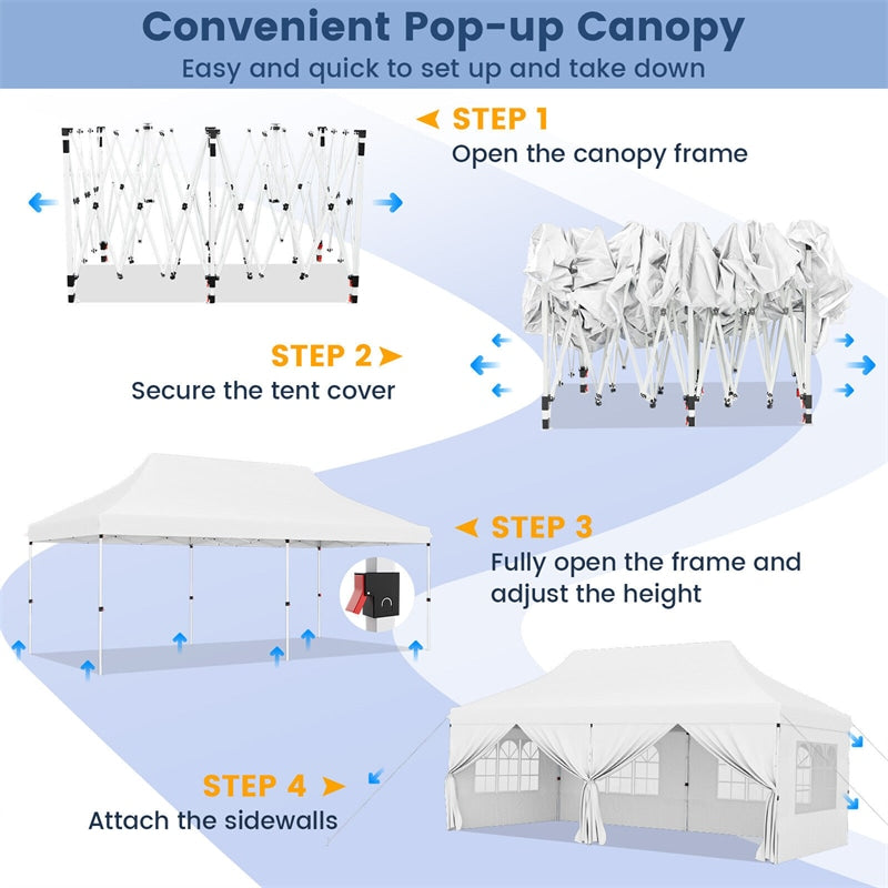 10 x 20 FT Pop Up Canopy Easy Setup Instant Canopy Tent Portable Outdoor Wedding Party Canopy Tent with 6 Sidewalls & Carry Bag