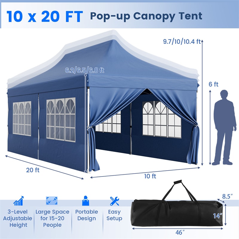 10 x 20 FT Pop Up Canopy Easy Setup Instant Canopy Tent Portable Outdoor Wedding Party Canopy Tent with 6 Sidewalls & Carry Bag