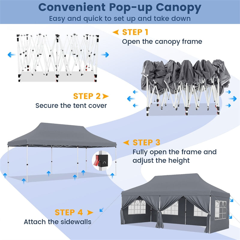 10 x 20 FT Pop Up Canopy Easy Setup Instant Canopy Tent Portable Outdoor Wedding Party Canopy Tent with 6 Sidewalls & Carry Bag