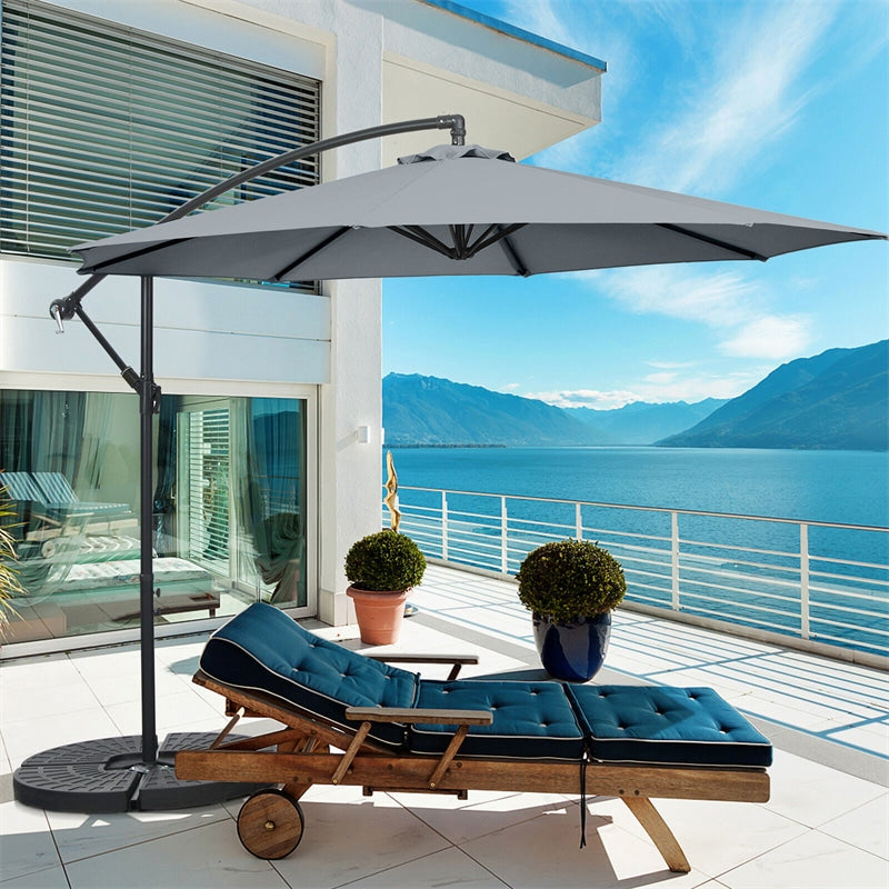 10FT Hanging Cantilever Umbrella Offset Patio Umbrella 8 Steel Ribs Outdoor Market Umbrella with Cross Base, Crank & Tilt Adjustment