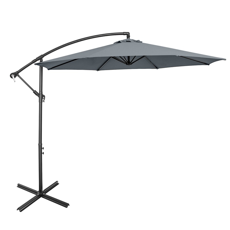 10FT Cantilever Umbrella Offset Hanging Patio Umbrella 8 Steel Ribs Outdoor Market Umbrella with Cross Base, Crank & Tilt Adjustment