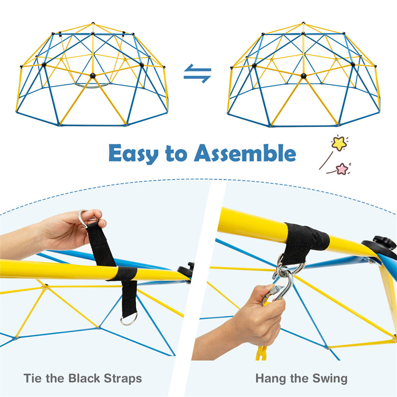 10FT Climbing Dome with Swing, Geometric Dome Climber Indoor Outdoor Jungle Gym Monkey Bar Climbing Toys for Kids Toddlers