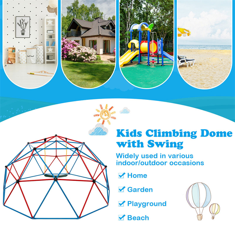 10FT Climbing Dome with Swing, Geometric Dome Climber Indoor Outdoor Jungle Gym Monkey Bar Climbing Toys for Kids Toddlers