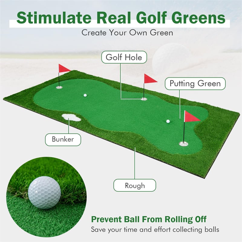 10 x 5FT Golf Putting Green Large Professional Golf Training Mat Indoor Outdoor Golf Putting Practice Mat with Artificial Grass Turf, 3 Golf Holes