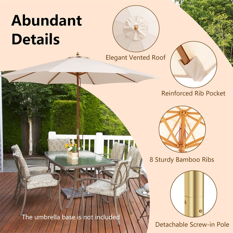 10FT Wooden Patio Umbrella Height Adjustable Table Market Umbrella with 8 Bamboo Ribs & Rope Pulley Lift