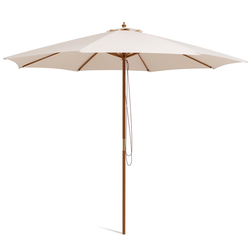 10FT Wooden Patio Umbrella Height Adjustable Table Market Umbrella with 8 Bamboo Ribs & Rope Pulley Lift