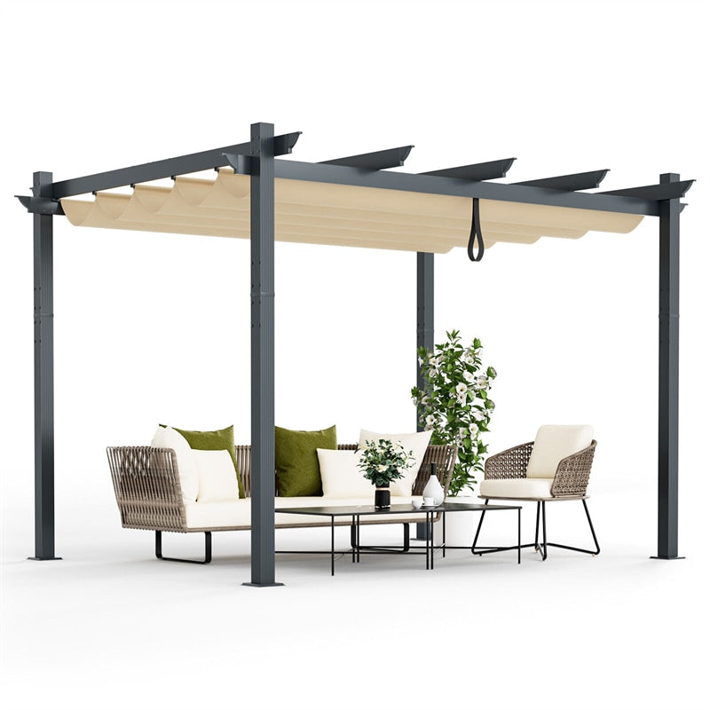 10x12ft Pergola Heavy-Duty Aluminum Outdoor Pergola Large Patio Shelter Pavilion with Retractable Sun Shade Canopy