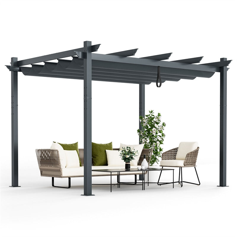 10x12ft Pergola Heavy-Duty Aluminum Outdoor Pergola Large Patio Shelter Pavilion with Retractable Sun Shade Canopy