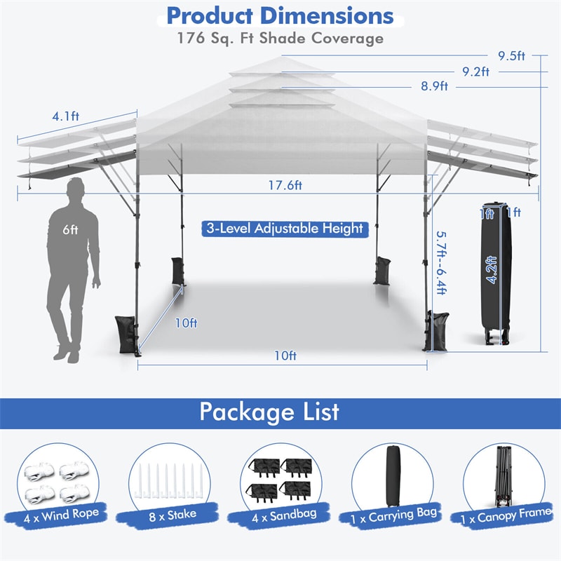 10 x 17.6 FT Pop-up Canopy Tent 2 Tier Outdoor Canopy Easy Setup Instant Tent with Adjustable Dual Awnings & Wheeled Bag