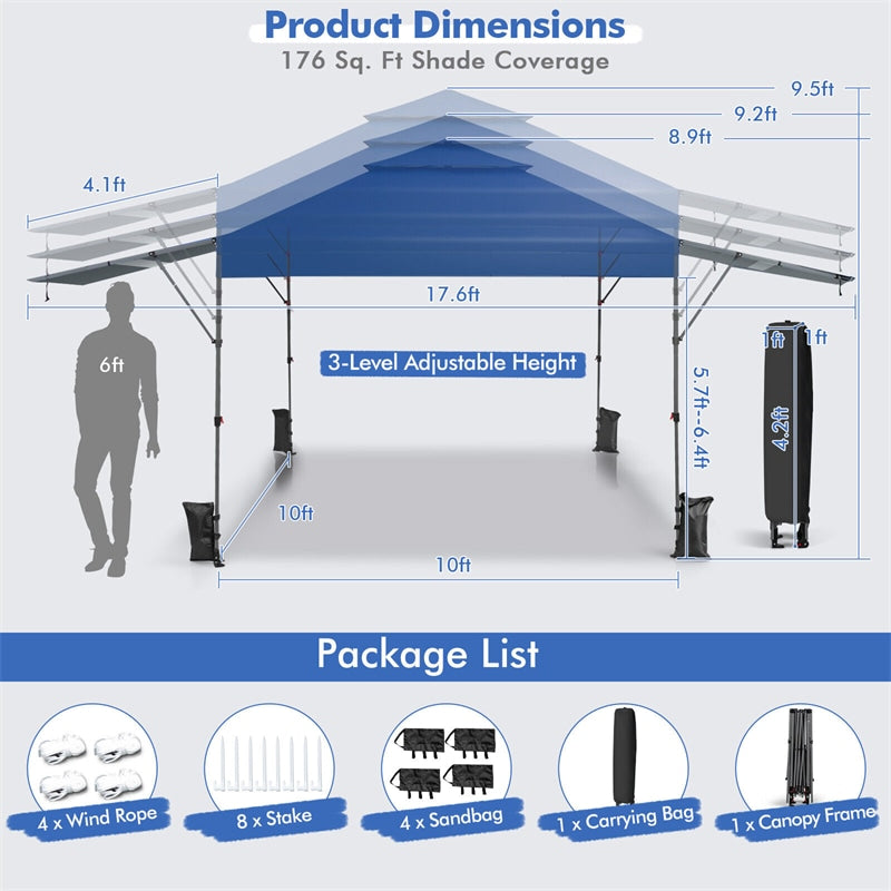 10 x 17.6 FT Pop-up Canopy Tent 2 Tier Outdoor Canopy Easy Setup Instant Tent with Adjustable Dual Awnings & Wheeled Bag