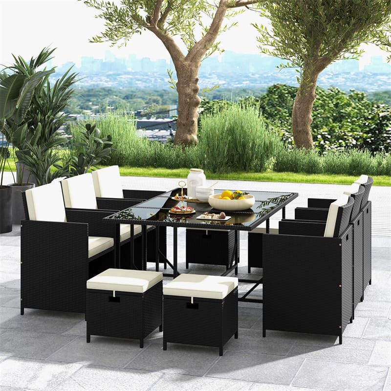 11 Piece Patio Dining Set Space Saving Wicker Chairs Tempered Glass Table Set Outdoor Conversation Furniture with Ottomans, Seat & Back Cushions