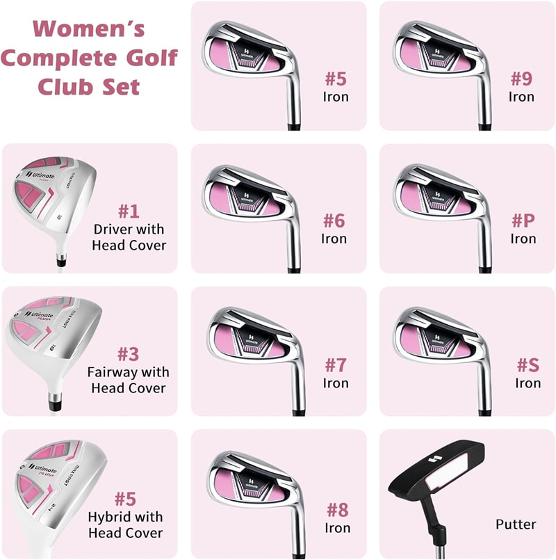 12 Pieces Women’s Complete Golf Club Set Right Hand Golf Club Package Set 460CC #1 Driver with Portable Golf Cart Bag & Rain Hood