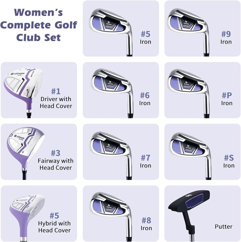 12 Pieces Women’s Complete Golf Club Set Right Hand Golf Club Package Set 460CC #1 Driver with Portable Golf Cart Bag & Rain Hood