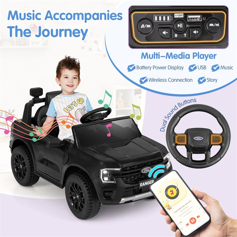 12V Kids Ride on Car Licensed Ford Ranger Electric Vehicle with Remote Control, Storage Basket, Lights & Music