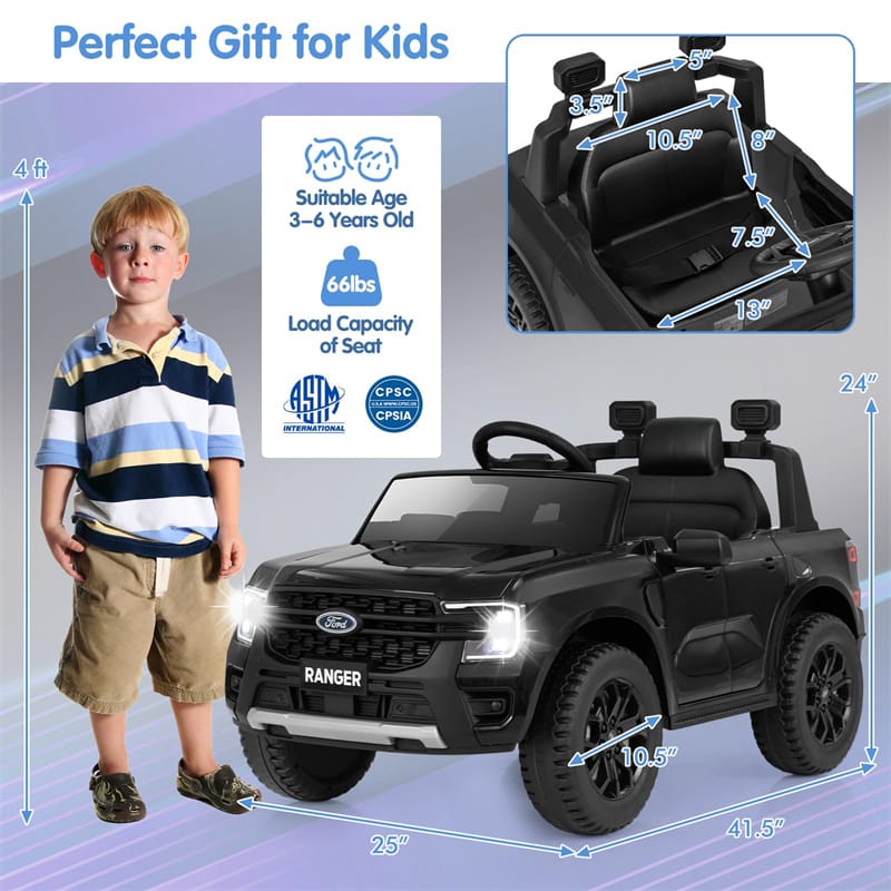 12V Kids Ride on Car Licensed Ford Ranger Electric Vehicle with Remote Control, Storage Basket, Lights & Music