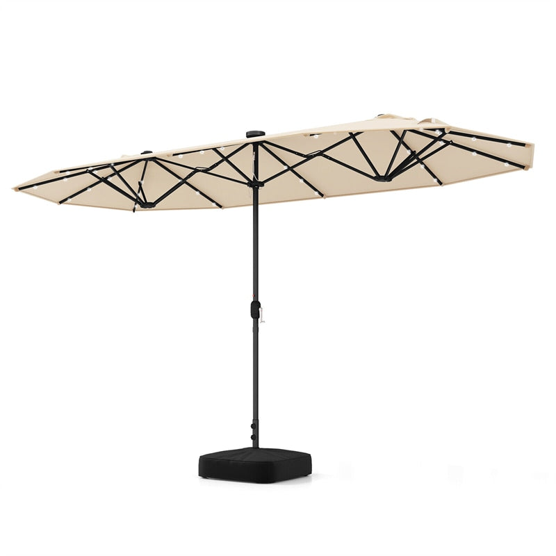 13FT Double-sided Patio Umbrella Large Twin Table Umbrella Outdoor Market Umbrella with Solar Lights, Crank Handle, Umbrella Base