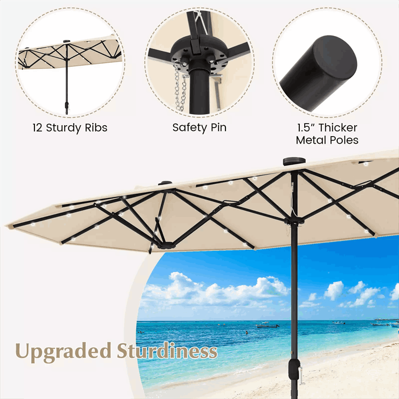 13FT Double-sided Patio Umbrella Large Twin Table Umbrella Outdoor Market Umbrella with Solar Lights, Crank Handle, Umbrella Base