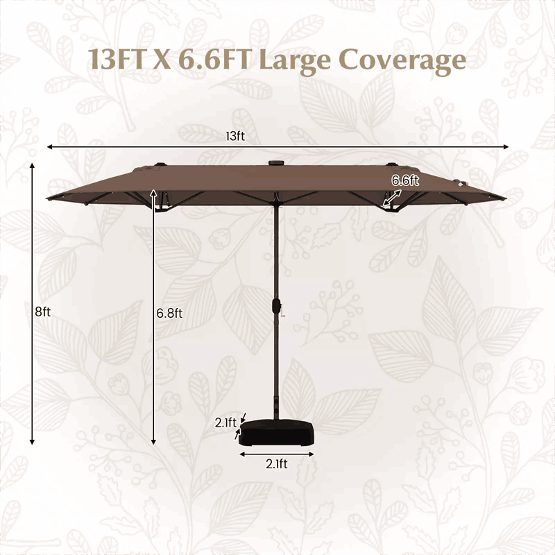 13FT Double-sided Patio Umbrella Large Twin Table Umbrella Outdoor Market Umbrella with Solar Lights, Crank Handle, Umbrella Base