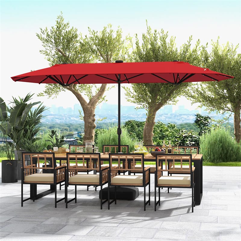 13FT Double-sided Patio Umbrella Large Twin Table Umbrella Outdoor Market Umbrella with Solar Lights, Crank Handle, Umbrella Base